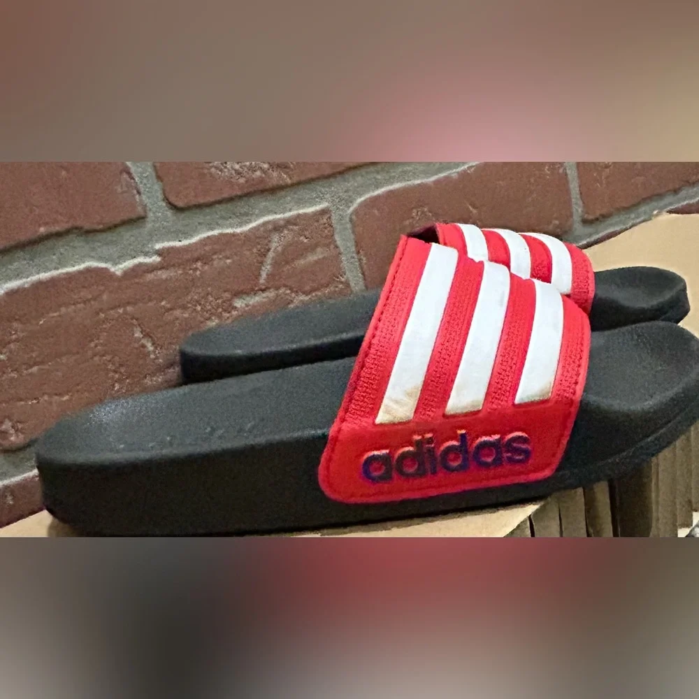 Adidas little boys slides, red w/3 stripe white like new preowned size US 12